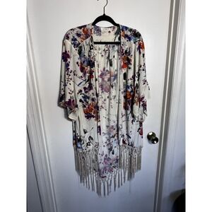 Umgee Floral Kimono Cardigan XL/1XL Boho Open Front Fringe Tassel Summer Wrap